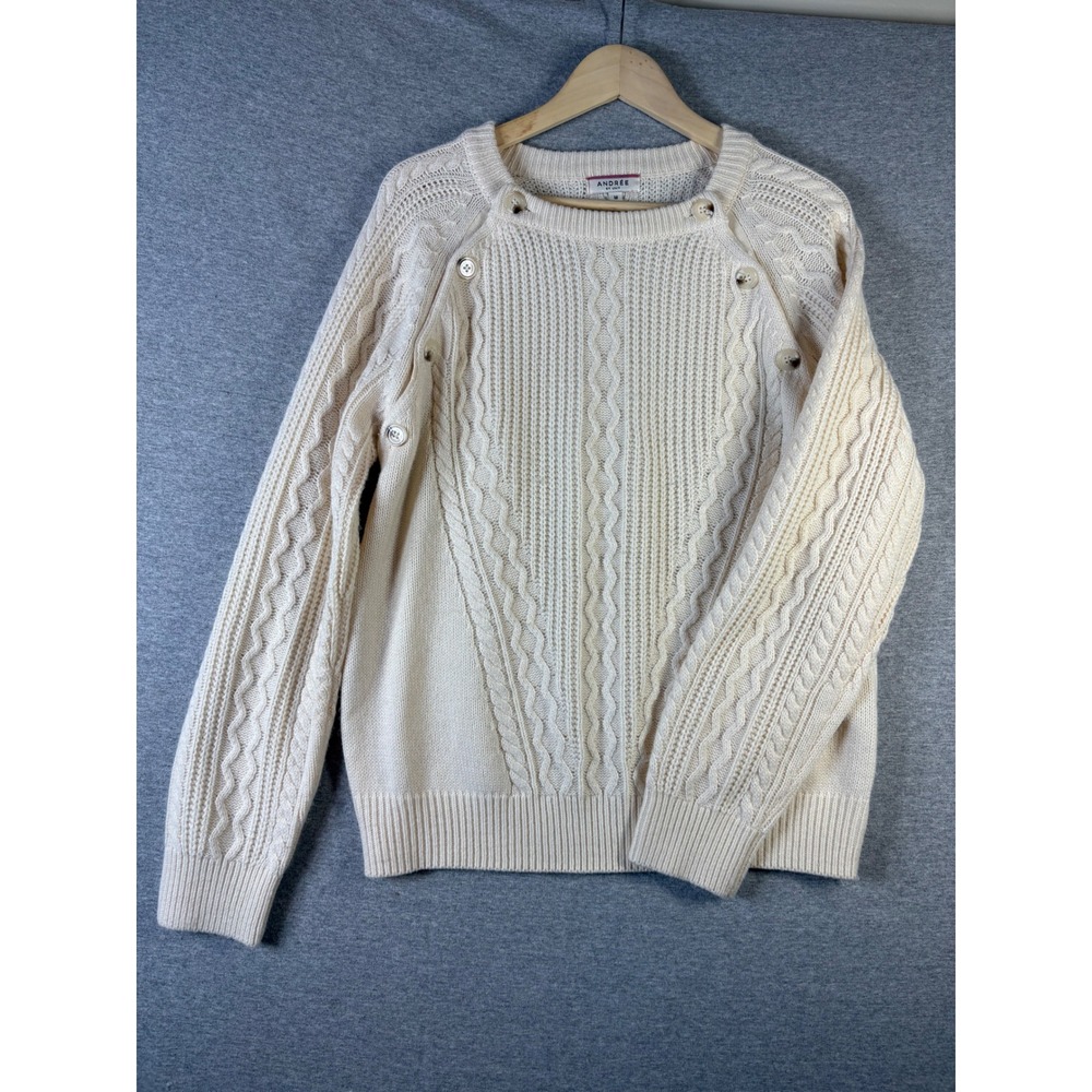 Andree by Unit Cream Cable Knit Button Shoulder Sweater Womens Medium Fisherman